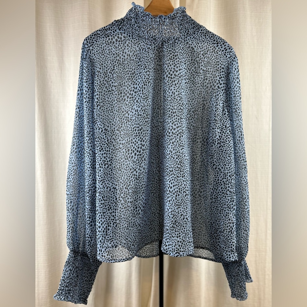 Boohoo Shirred Neck Speckled Black and Blue Blouse.
